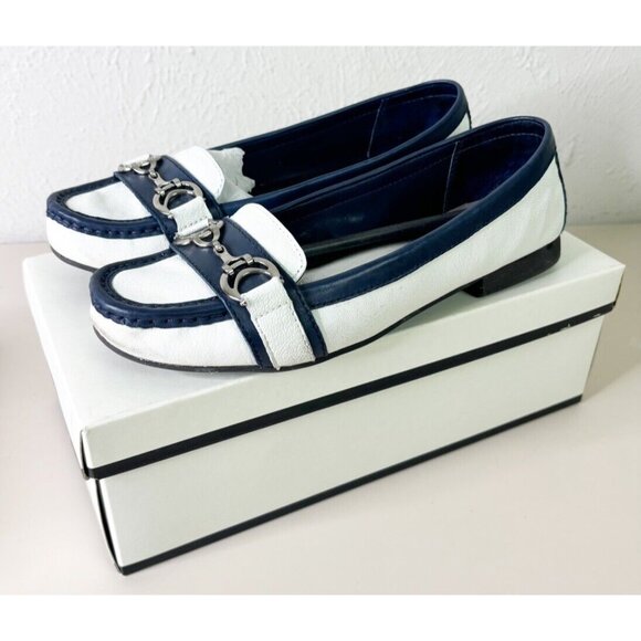 Etienne Aigner Sz 8 Lexi Blue Navy & White Slip-On Buckle Cruise GUC - Picture 1 of 5